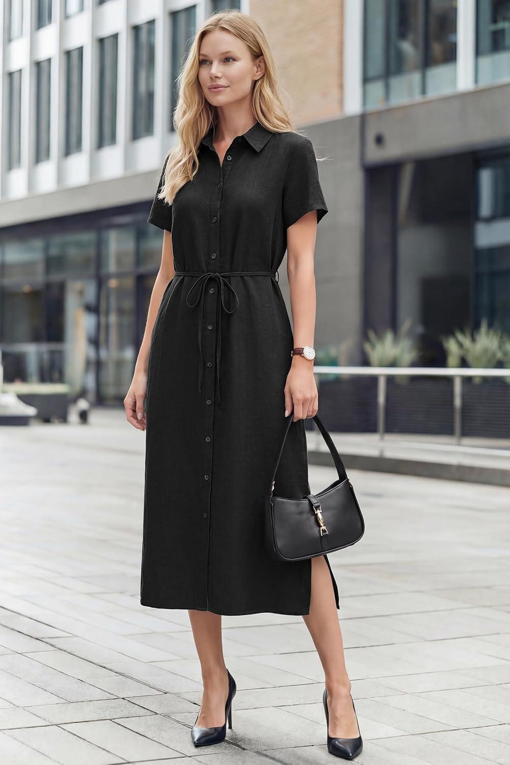 image:imageArachampCloz Womens Linen with Pockets Midi Summer Spring Shirt Dress 2026Black