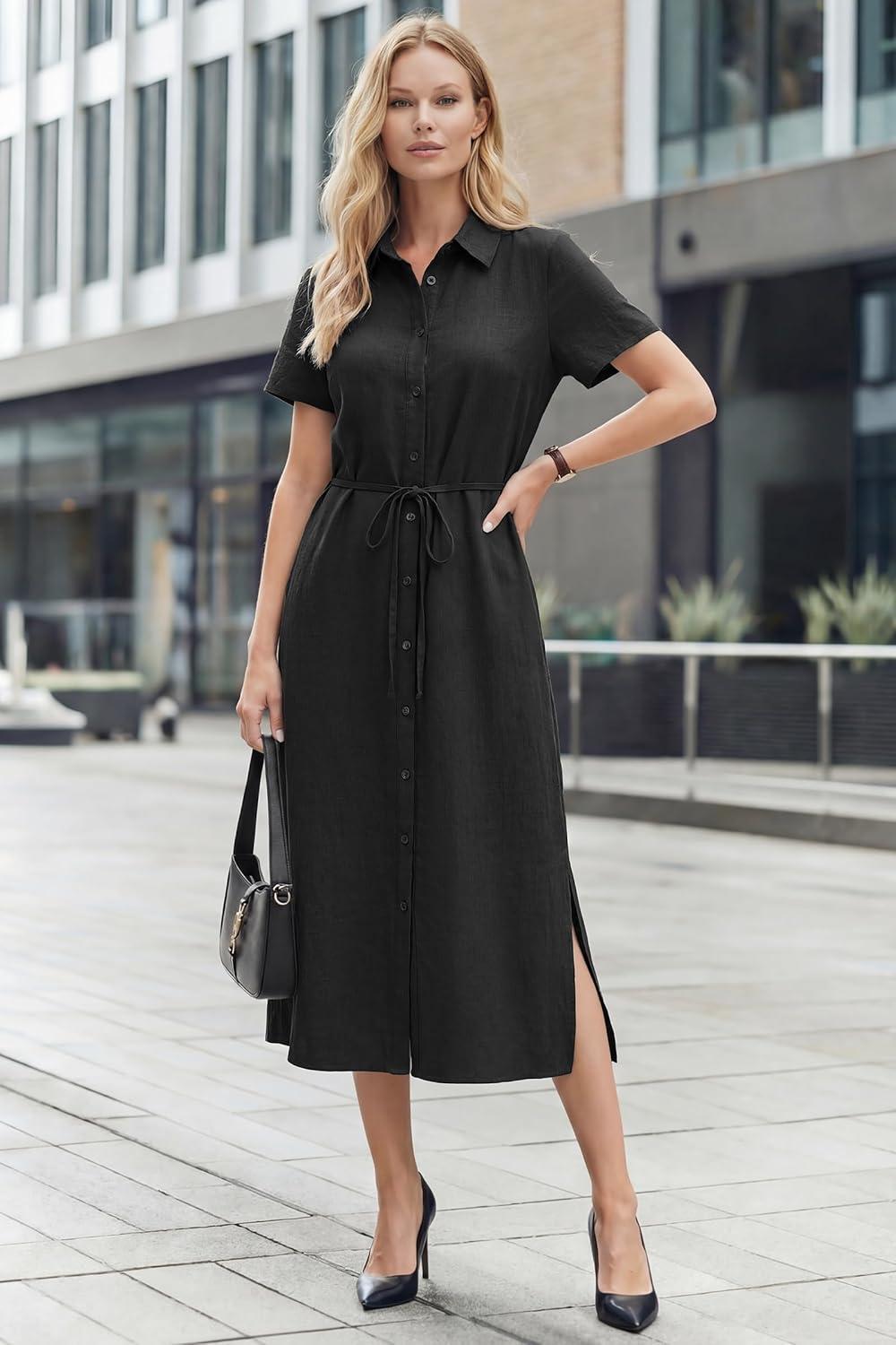 image:imageArachampCloz Womens Linen with Pockets Midi Summer Spring Shirt Dress 2026Black