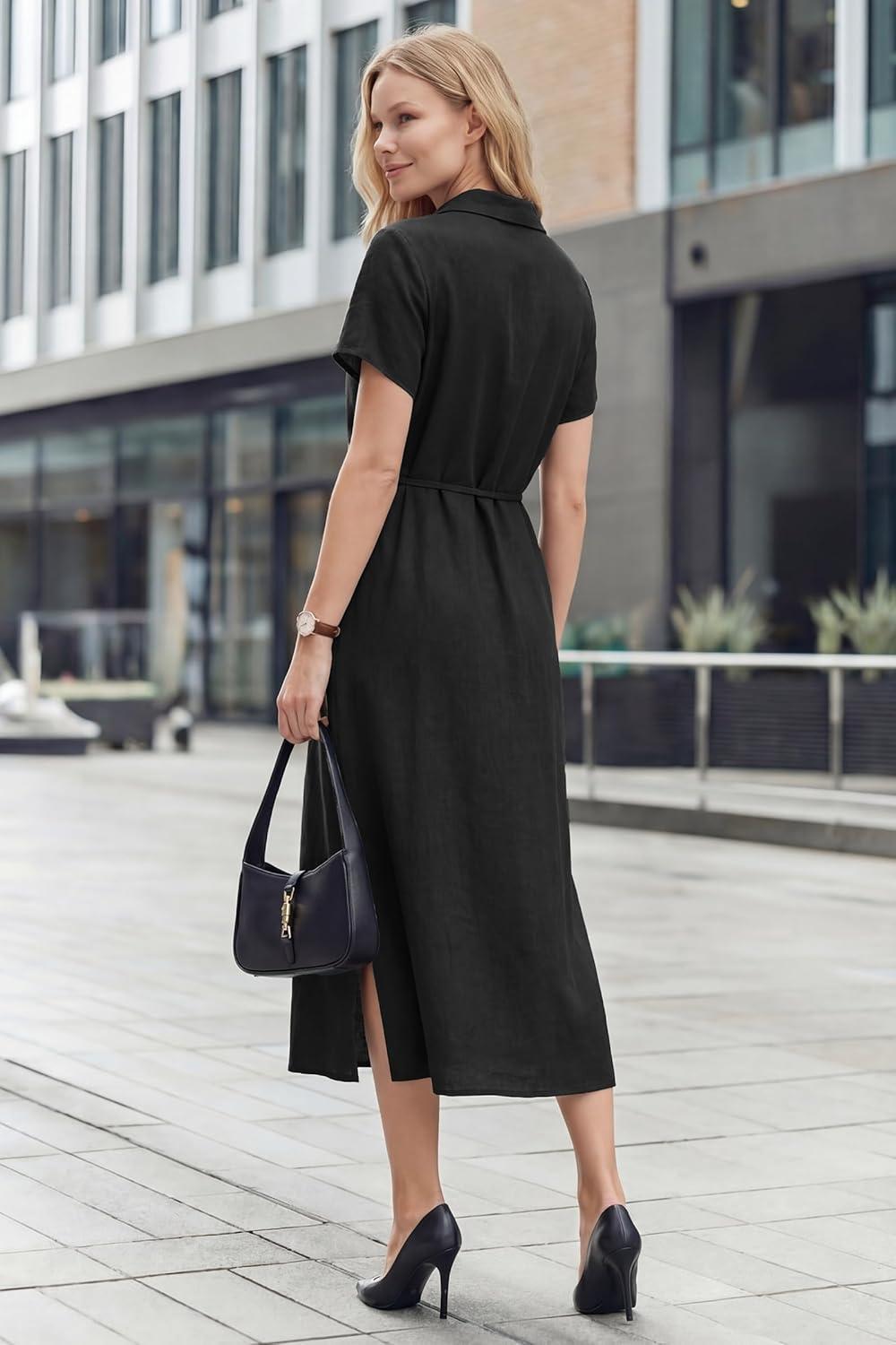 image:imageArachampCloz Womens Linen with Pockets Midi Summer Spring Shirt Dress 2026Black
