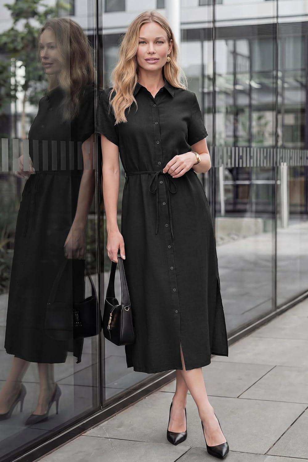 image:imageArachampCloz Womens Linen with Pockets Midi Summer Spring Shirt Dress 2026Black