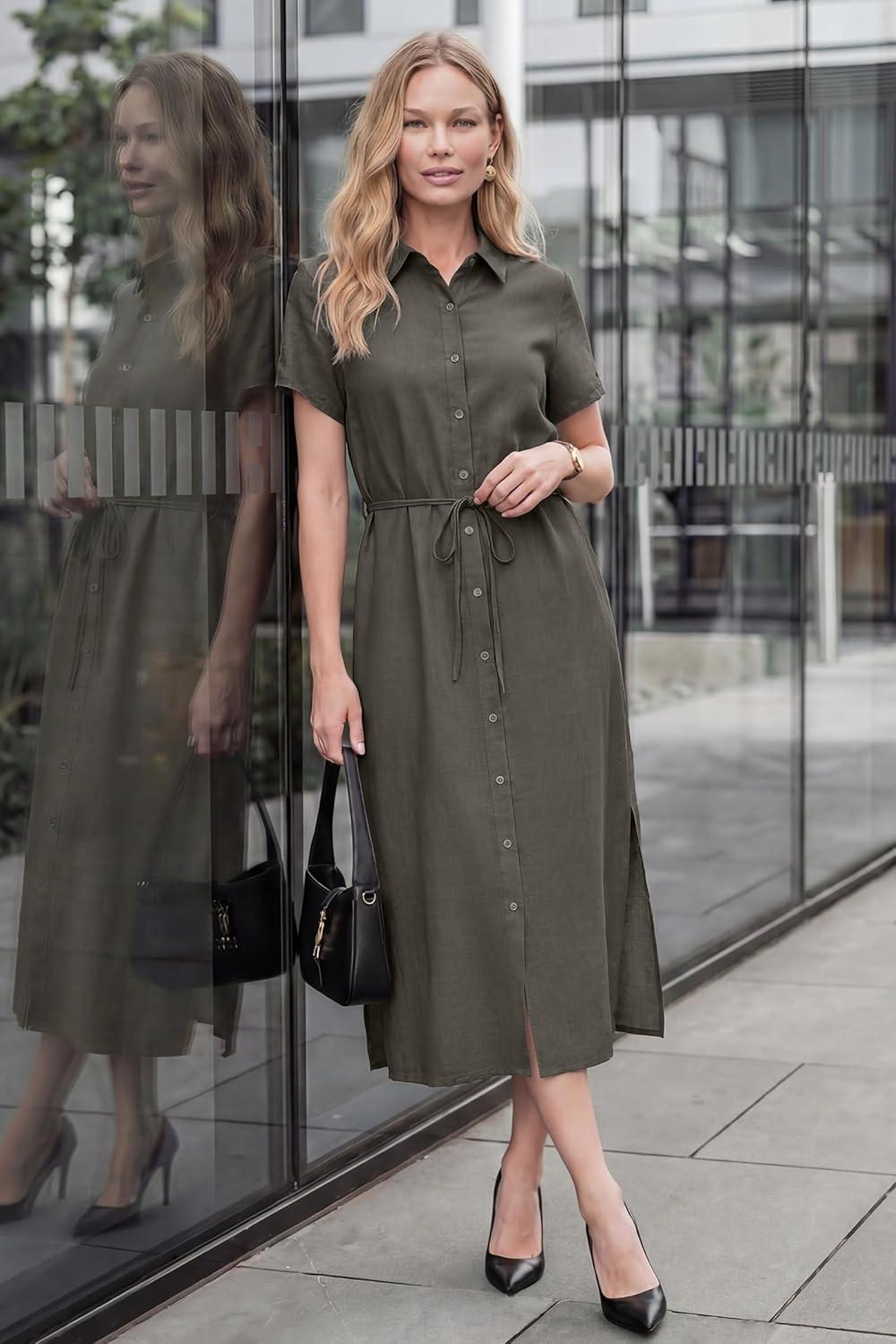 image:imageArachampCloz Womens Linen with Pockets Midi Summer Spring Shirt Dress 2026Coffee