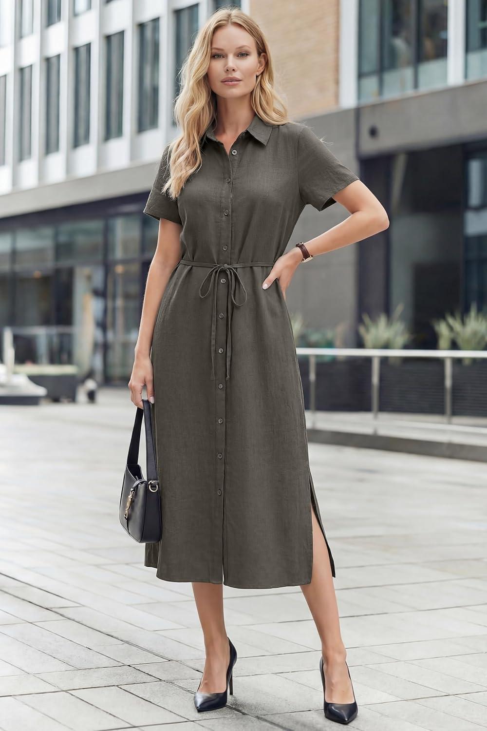 image:imageArachampCloz Womens Linen with Pockets Midi Summer Spring Shirt Dress 2026Coffee