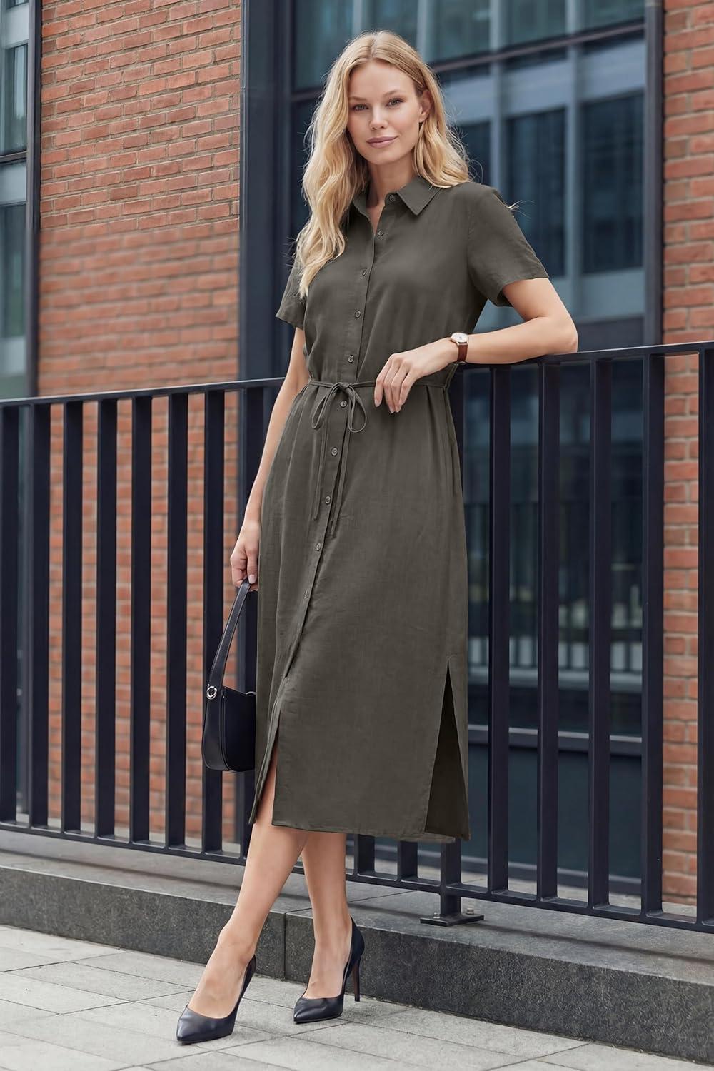 image:imageArachampCloz Womens Linen with Pockets Midi Summer Spring Shirt Dress 2026Coffee