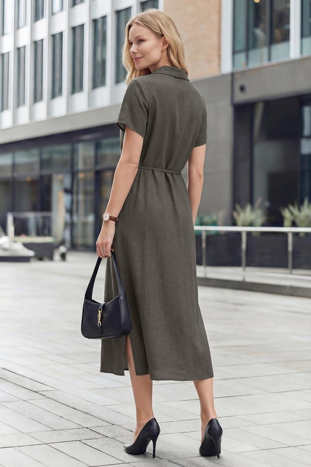 image:imageArachampCloz Womens Linen with Pockets Midi Summer Spring Shirt Dress 2026Coffee