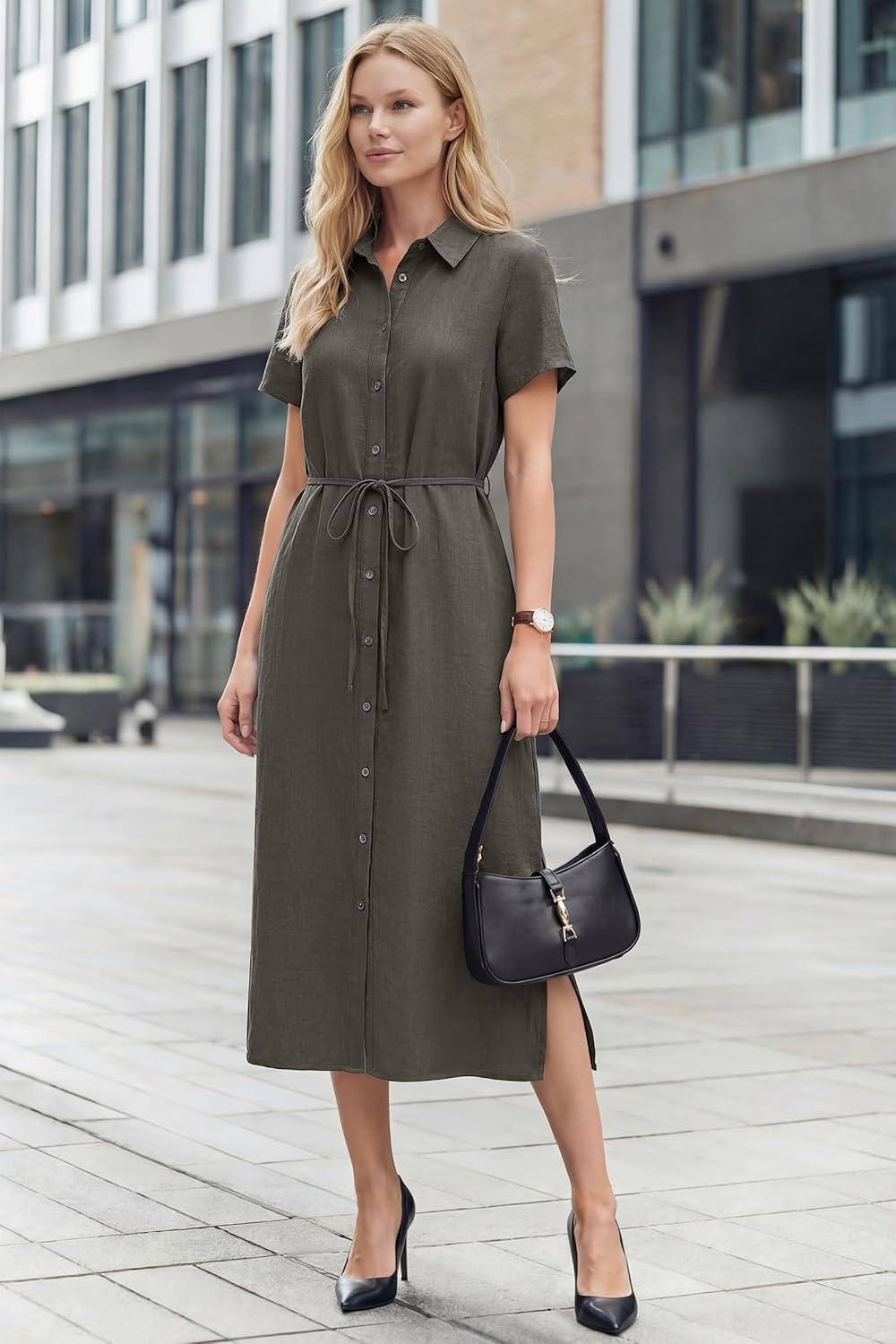 image:imageArachampCloz Womens Linen with Pockets Midi Summer Spring Shirt Dress 2026Coffee