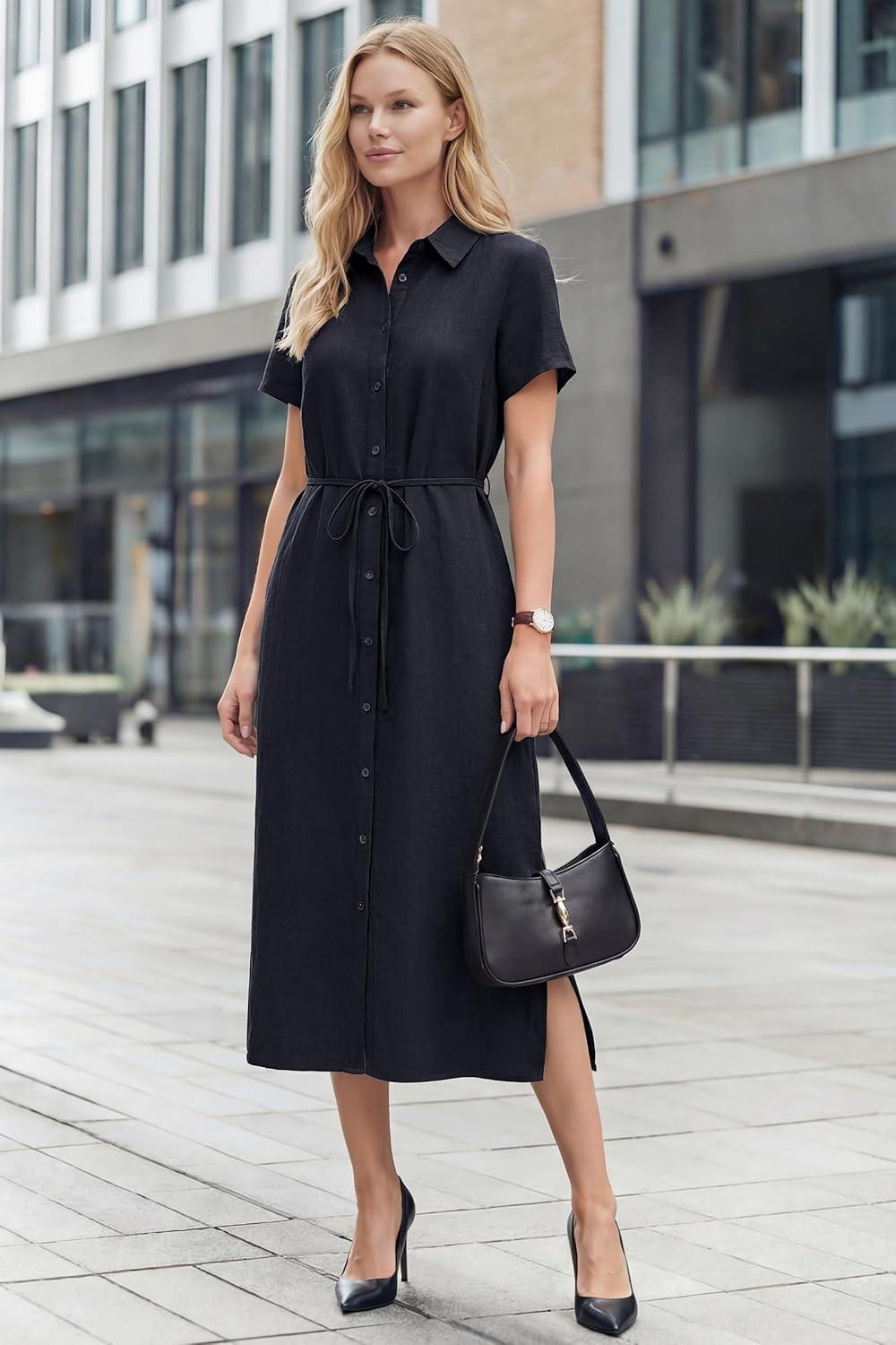 image:imageArachampCloz Womens Linen with Pockets Midi Summer Spring Shirt Dress 2026Navy