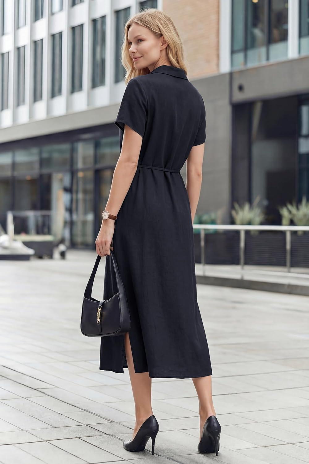 image:imageArachampCloz Womens Linen with Pockets Midi Summer Spring Shirt Dress 2026Navy