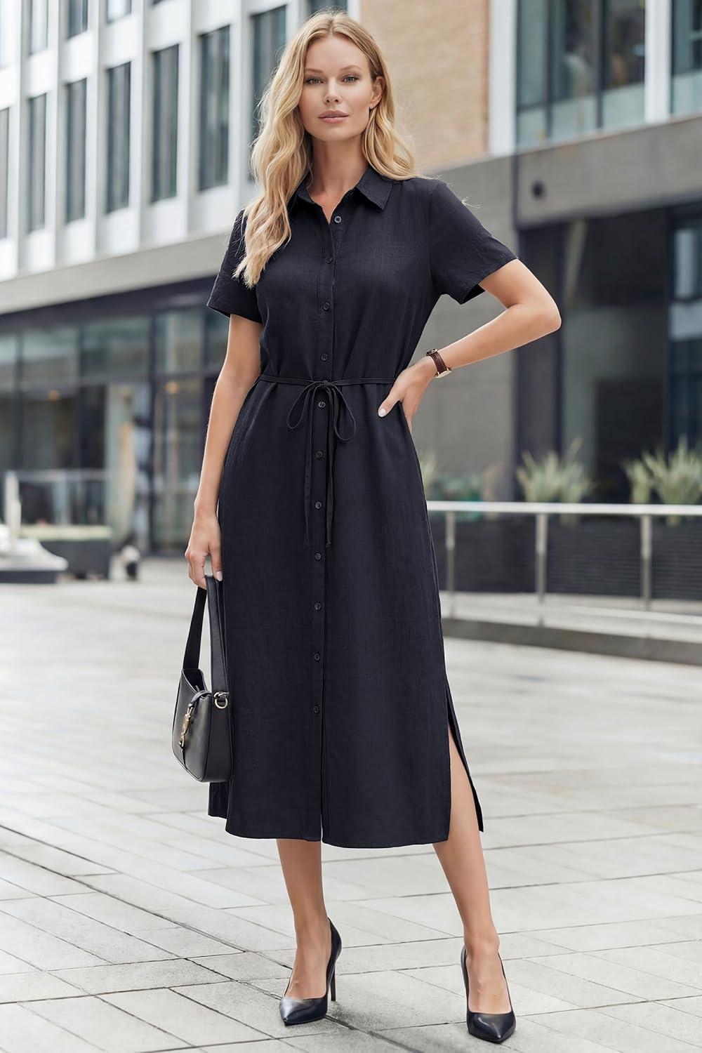 image:imageArachampCloz Womens Linen with Pockets Midi Summer Spring Shirt Dress 2026Navy