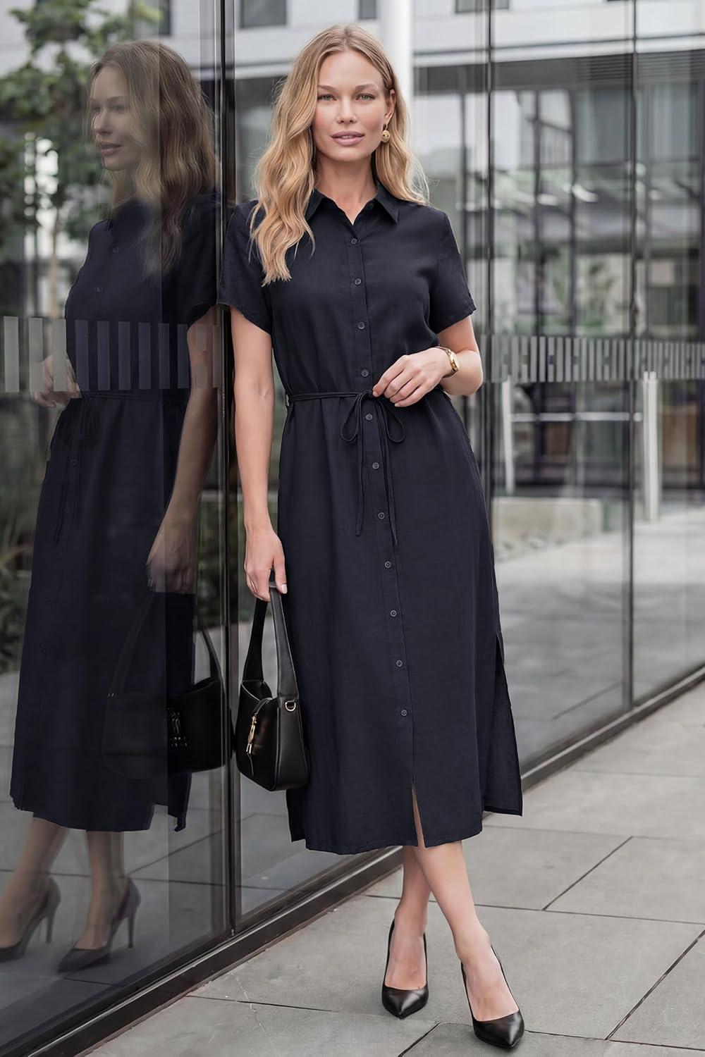 image:imageArachampCloz Womens Linen with Pockets Midi Summer Spring Shirt Dress 2026Navy