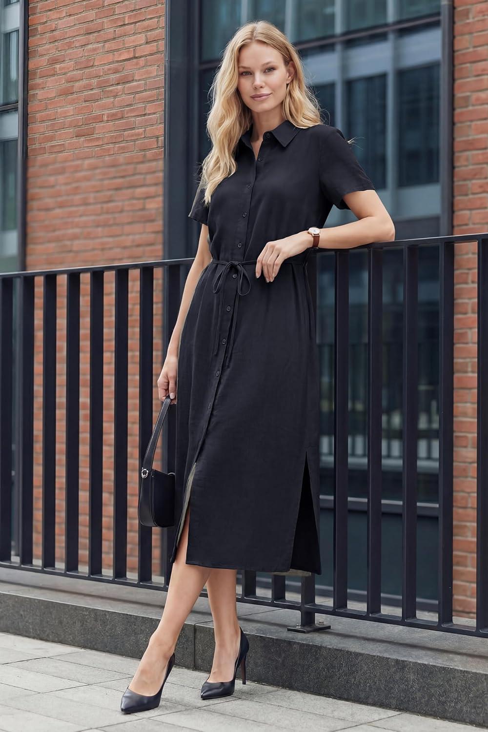 image:imageArachampCloz Womens Linen with Pockets Midi Summer Spring Shirt Dress 2026Navy