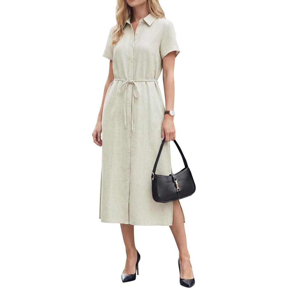 image:imageArachampCloz Womens Linen with Pockets Midi Summer Spring Shirt Dress 2026Beige