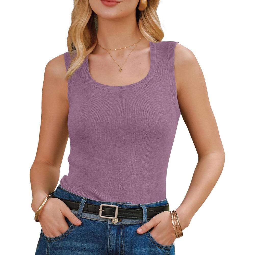 image:imageArachampCloz Womens Sweater Vests Square Neck Spring Summer Basic Slim Fitted Tank Tops 2026Dusty Rose