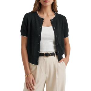Arach&Cloz Women’s 100% Cotton Short Sleeve Cropped Cardigan Lightweight Button Up Work Tops Summer 2026(Black)