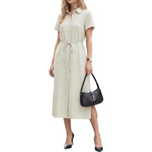 Arach&Cloz Women’s Linen with Pockets Midi Summer Spring Shirt Dress 2026(Beige)