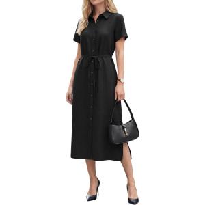 Arach&Cloz Women’s Linen with Pockets Midi Summer Spring Shirt Dress 2026(Black)