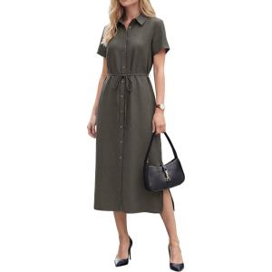 Arach&Cloz Women’s Linen with Pockets Midi Summer Spring Shirt Dress 2026(Coffee)