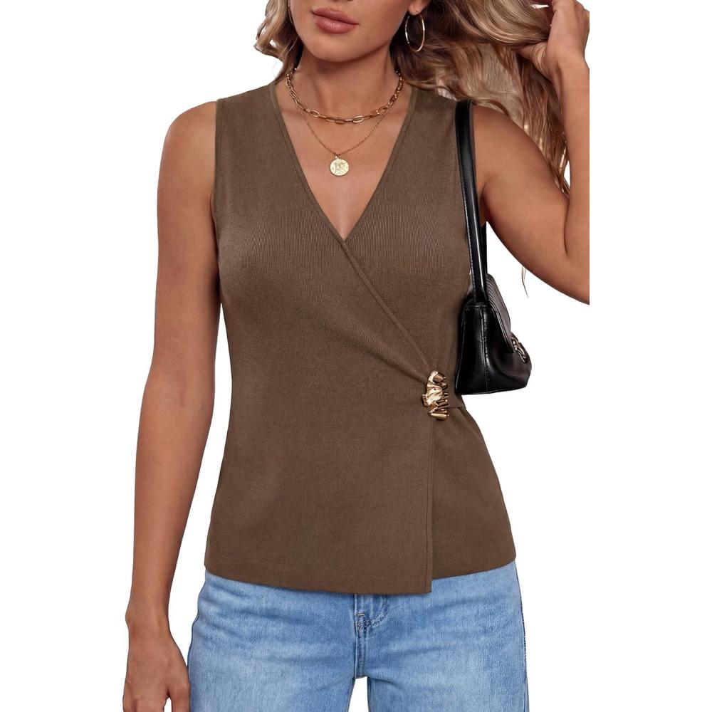 image:imageArachampCloz Womens Lightweight Lyocell Blend Wrap V Neck Sweater Vest Dressy Casual Knit Tops 2026Coffee