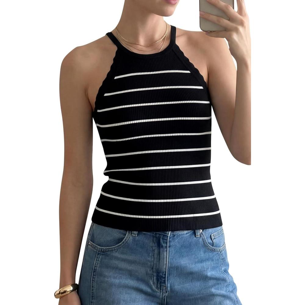 image:imageArachampCloz Womens Lyocell Blend Slim Fit Striped Casual Halter Tank Tops Summer 2026Striped Black White
