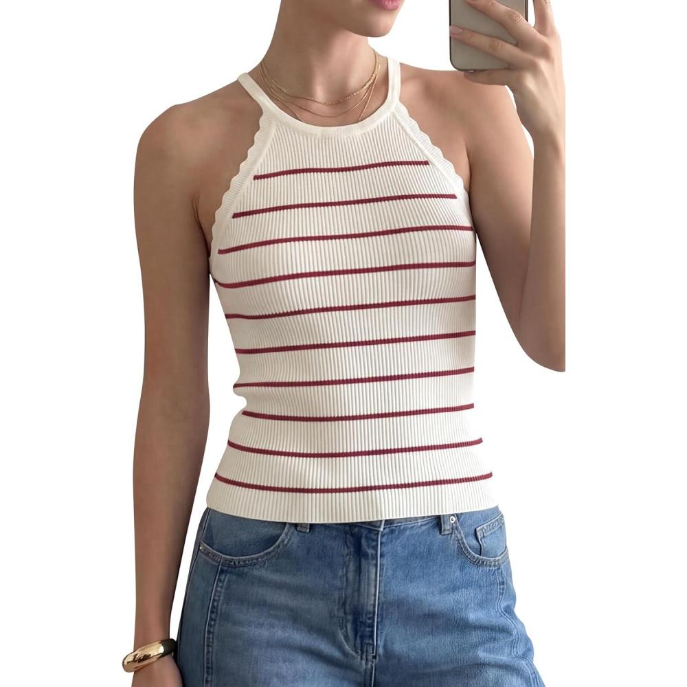 image:imageArachampCloz Womens Lyocell Blend Slim Fit Striped Casual Halter Tank Tops Summer 2026Striped White Burgundy