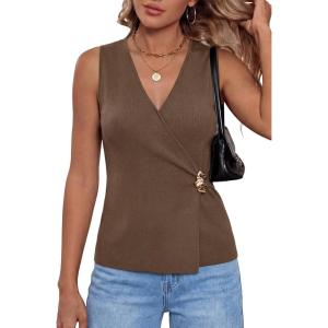 Arach&Cloz Women’s Lightweight Lyocell Blend Wrap V Neck Sweater Vest Dressy Casual Knit Tops 2026(Coffee)