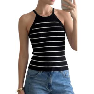 Arach&Cloz Women’s Lyocell Blend Slim Fit Striped Casual Halter Tank Tops Summer 2026(Striped Black White)
