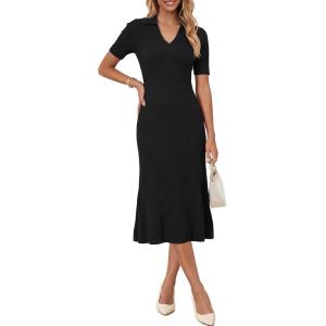 Arach&Cloz Women’s Lyocell Blend Polo V Neck Spring Summer Work Short Sleeve A Line Midi Dress 2026(Black)