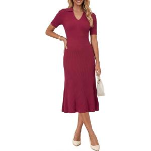 Arach&Cloz Women’s Lyocell Blend Polo V Neck Spring Summer Work Short Sleeve A Line Midi Dress 2026(Burgundy Red)