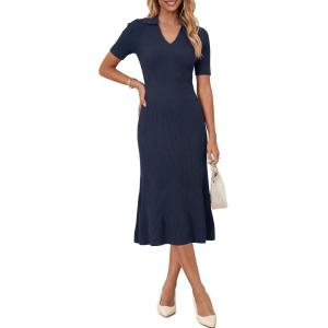Arach&Cloz Women’s Lyocell Blend Polo V Neck Spring Summer Work Short Sleeve A Line Midi Dress 2026(Navy Blue)