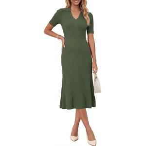 Arach&Cloz Women’s Lyocell Blend Polo V Neck Spring Summer Work Short Sleeve A Line Midi Dress 2026(Olive Green)