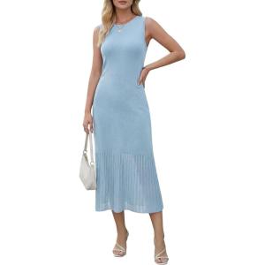 Arach&Cloz Women’s Lyocell Blend Ruched Waist Patchwork Hem Summer Business Casual Shift Midi Dresses 2026(Light Blue)