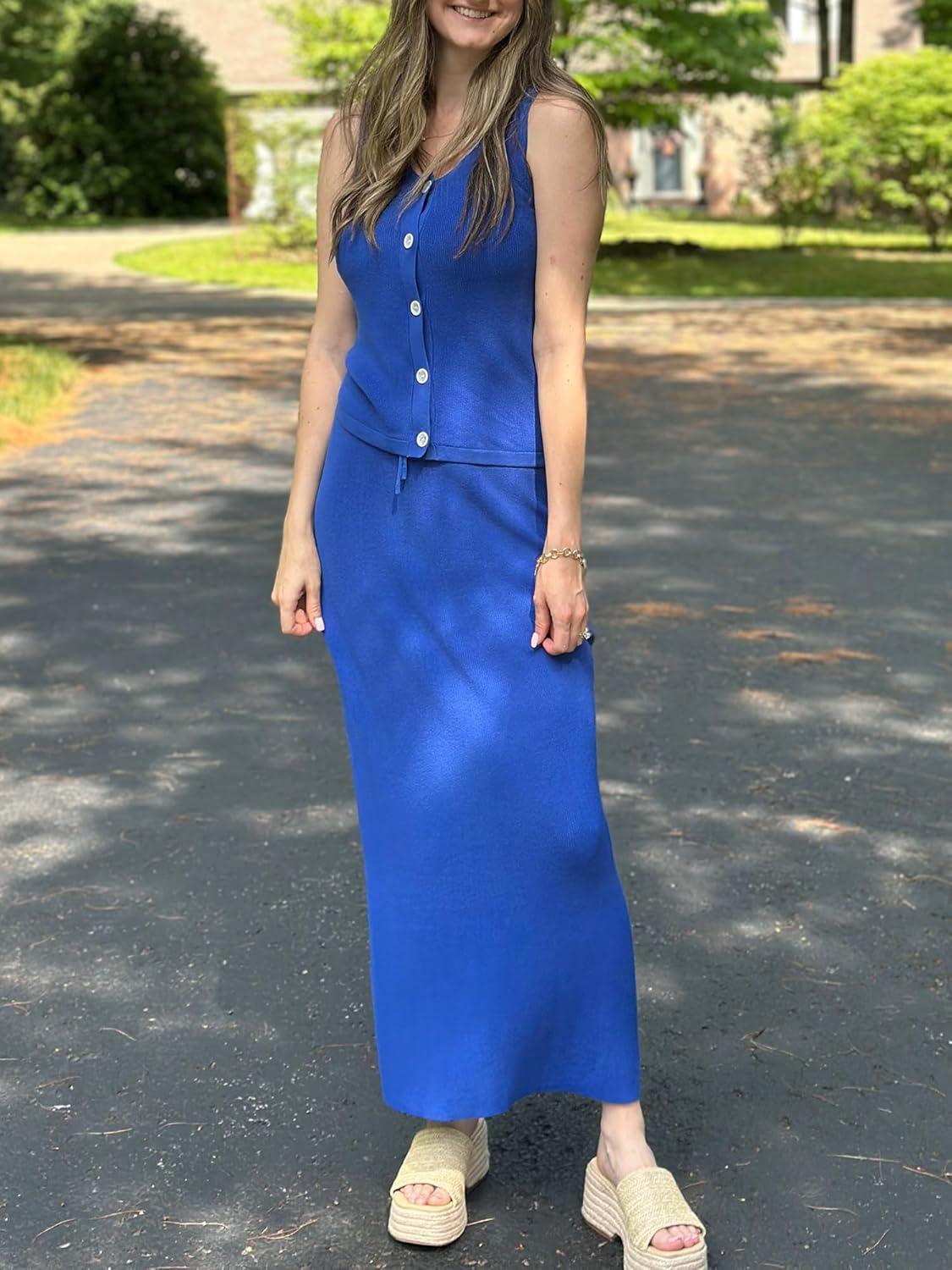 image:imageArachampCloz Womens Lightweight 2 Piece Sets Summer Vacation Button Top and Maxi Skirt 2026 OutfitsRoyal Blue