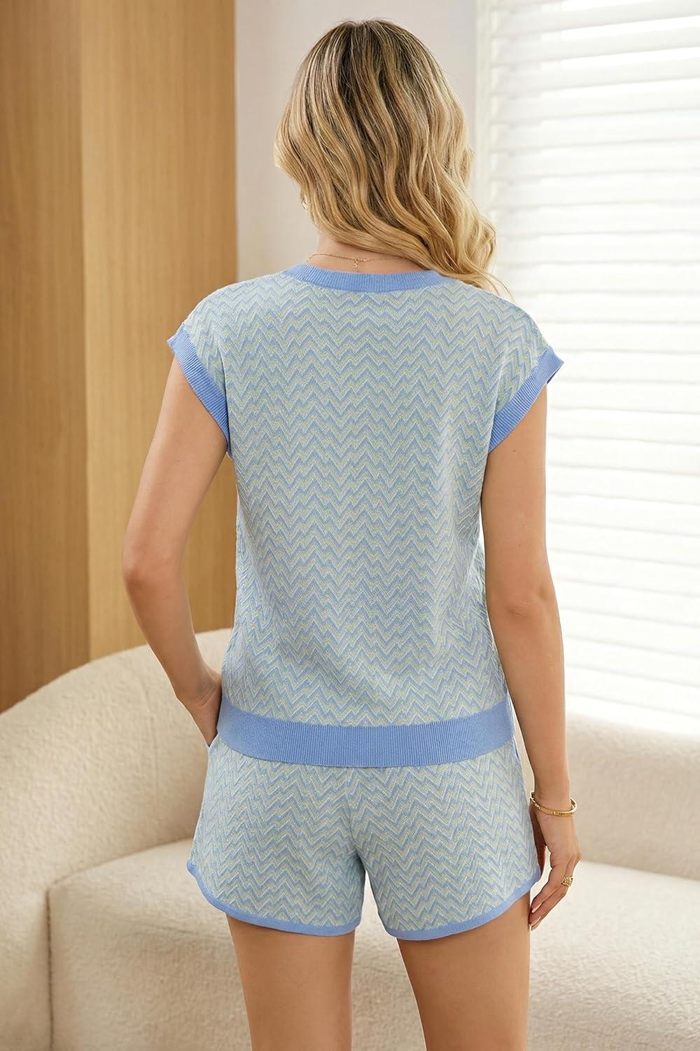 image:imageArachampCloz Womens Linen Lyocell Relaxed Fit 2 Piece Lounge Sets V Neck Top Drawstring Shorts Summer 2026Blue Stripe