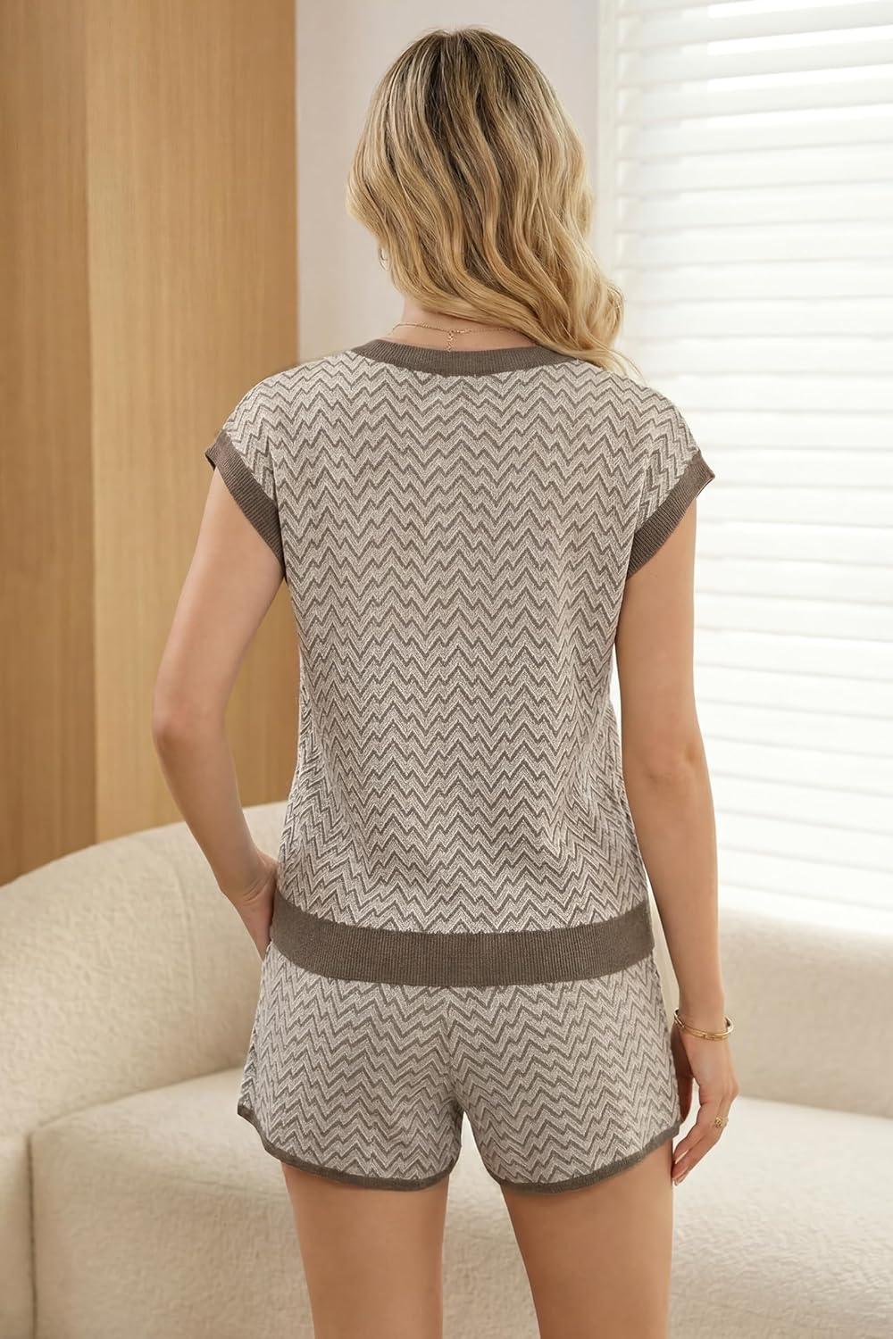 image:imageArachampCloz Womens Linen Lyocell Relaxed Fit 2 Piece Lounge Sets V Neck Top Drawstring Shorts Summer 2026Coffee Stripe