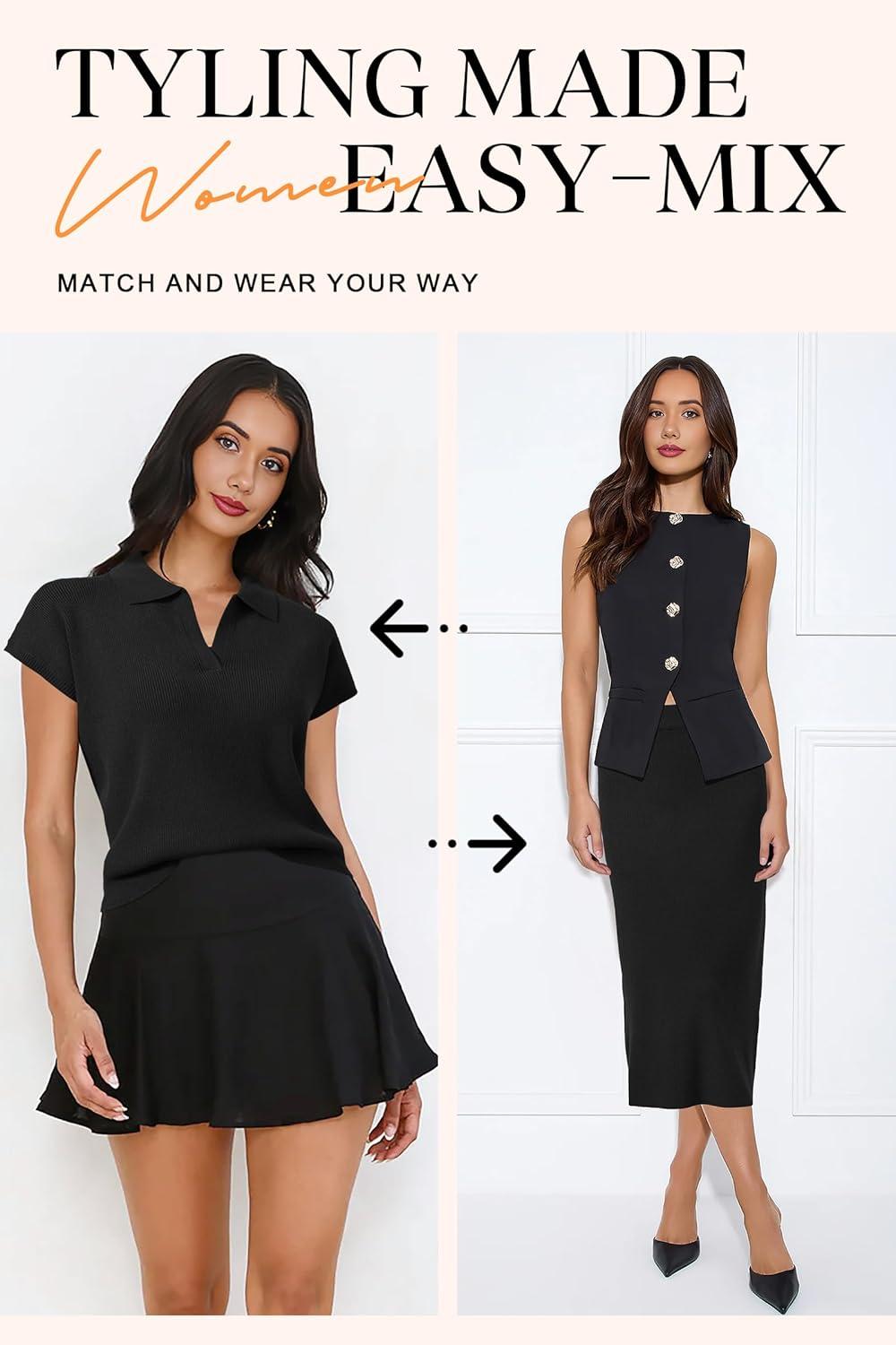 image:imageArachampCloz Womens Soft 2 Piece Sets Summer Polo Shirt and Midi Skirt Sweaters 2026 OutfitsBlack