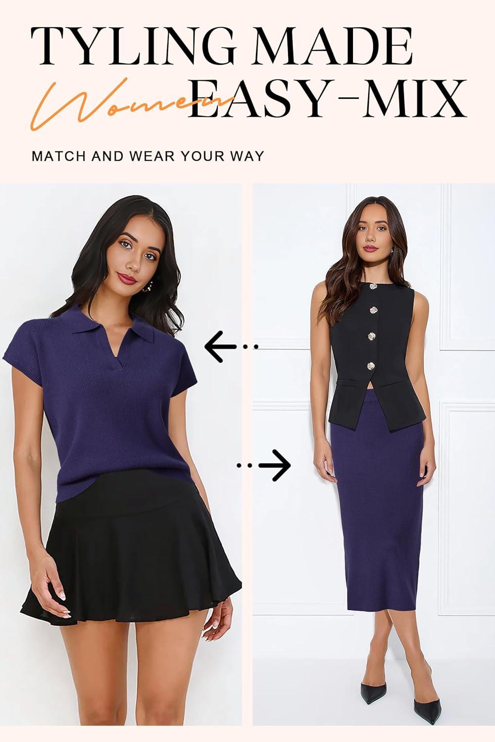 image:imageArachampCloz Womens Soft 2 Piece Sets Summer Polo Shirt and Midi Skirt Sweaters 2026 OutfitsDark Blue