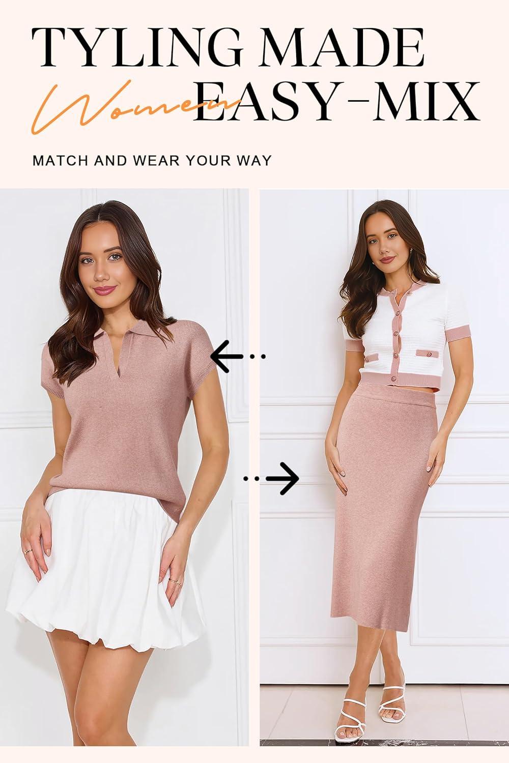 image:imageArachampCloz Womens Soft 2 Piece Sets Summer Polo Shirt and Midi Skirt Sweaters 2026 OutfitsDusty Pink