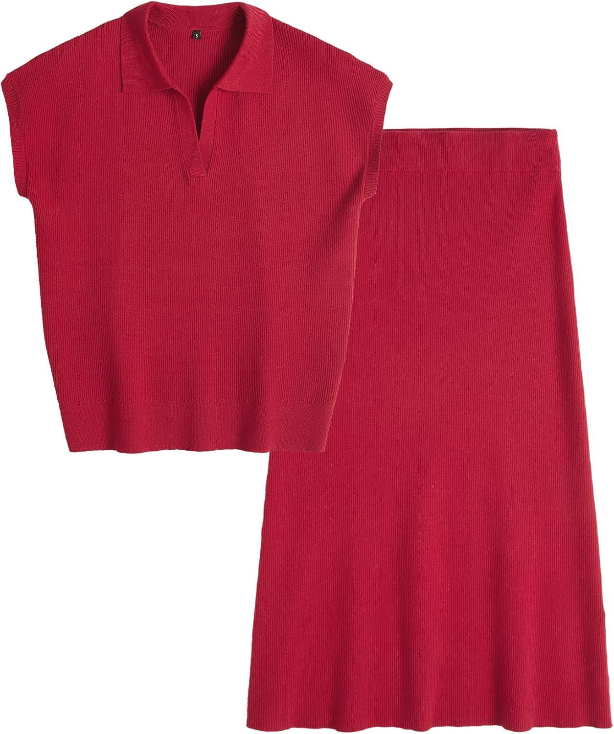 image:imageArachampCloz Womens Soft 2 Piece Sets Summer Polo Shirt and Midi Skirt Sweaters 2026 OutfitsRed