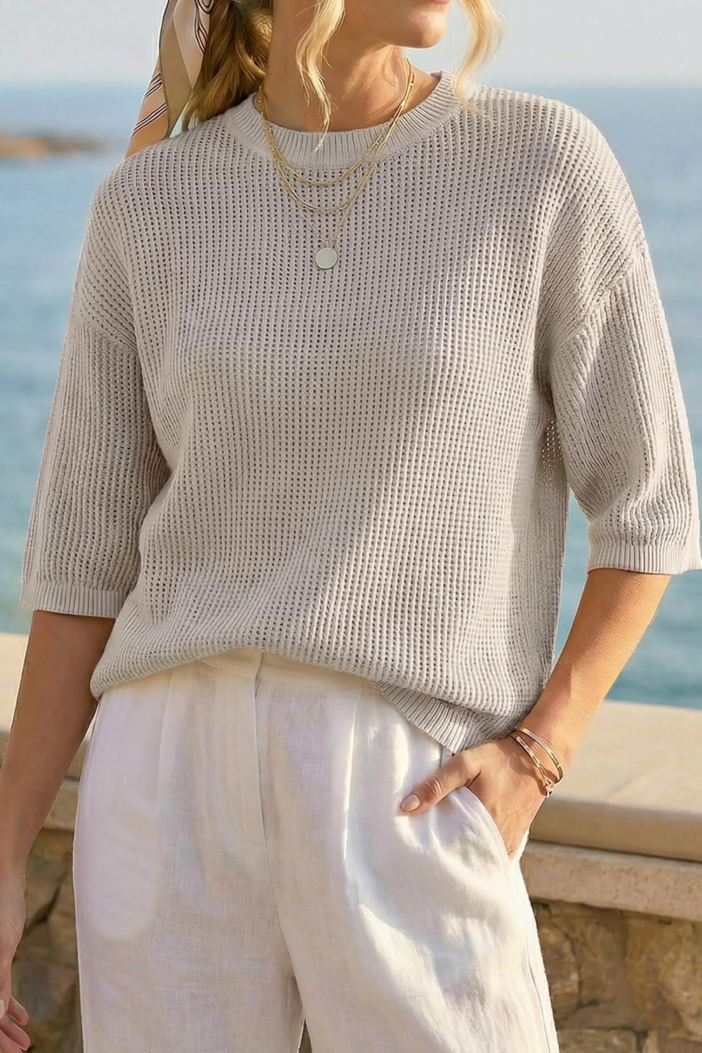 image:imageArachampCloz Womens Summer 100 Cotton 34 Length Sleeve Sweater Crochet Tops Hollow Out Vacation Casual Blouses 2026Grey