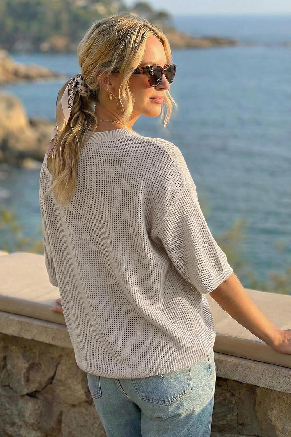 image:imageArachampCloz Womens Summer 100 Cotton 34 Length Sleeve Sweater Crochet Tops Hollow Out Vacation Casual Blouses 2026Grey