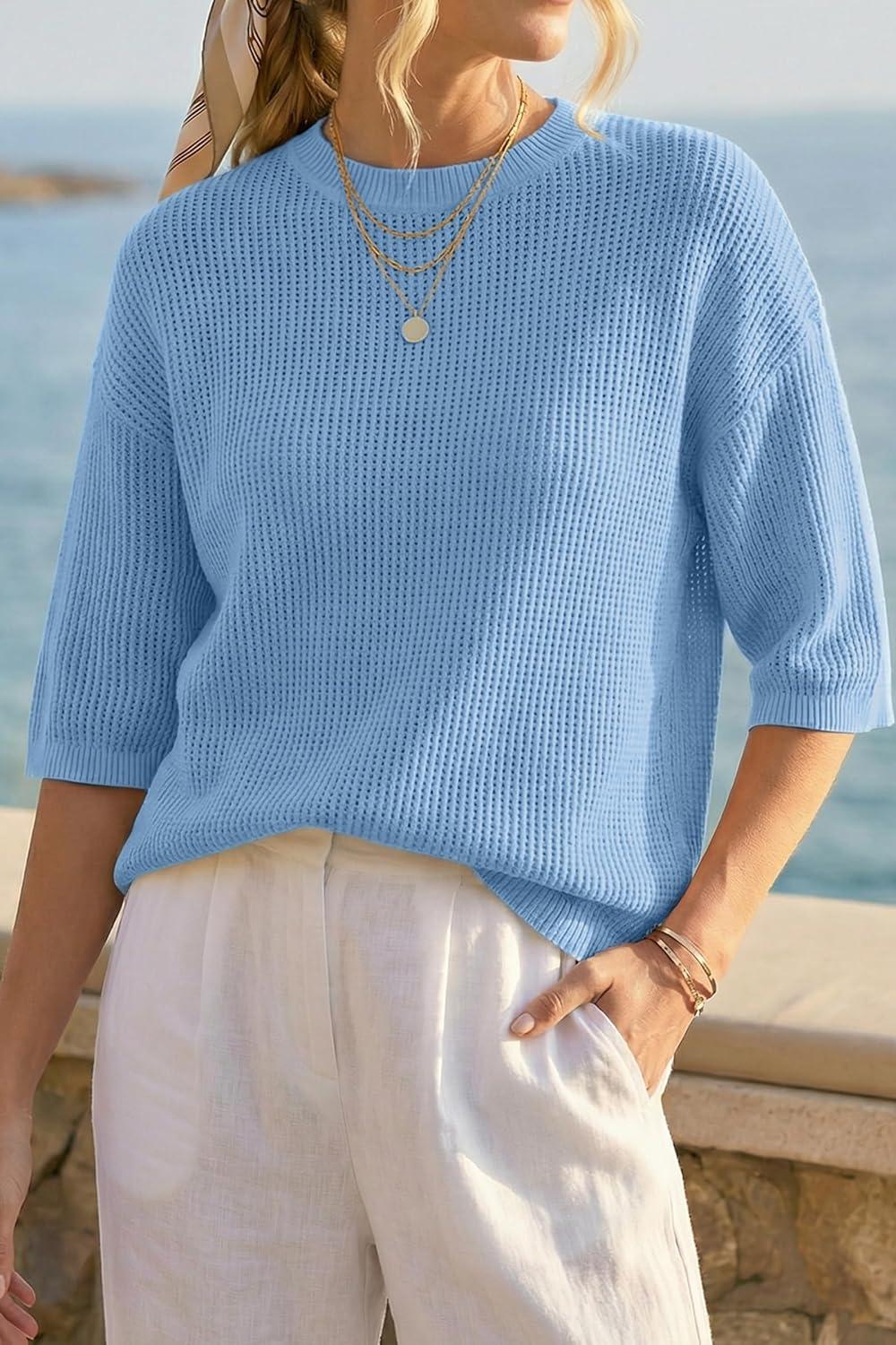 image:imageArachampCloz Womens Summer 100 Cotton 34 Length Sleeve Sweater Crochet Tops Hollow Out Vacation Casual Blouses 2026Light Blue
