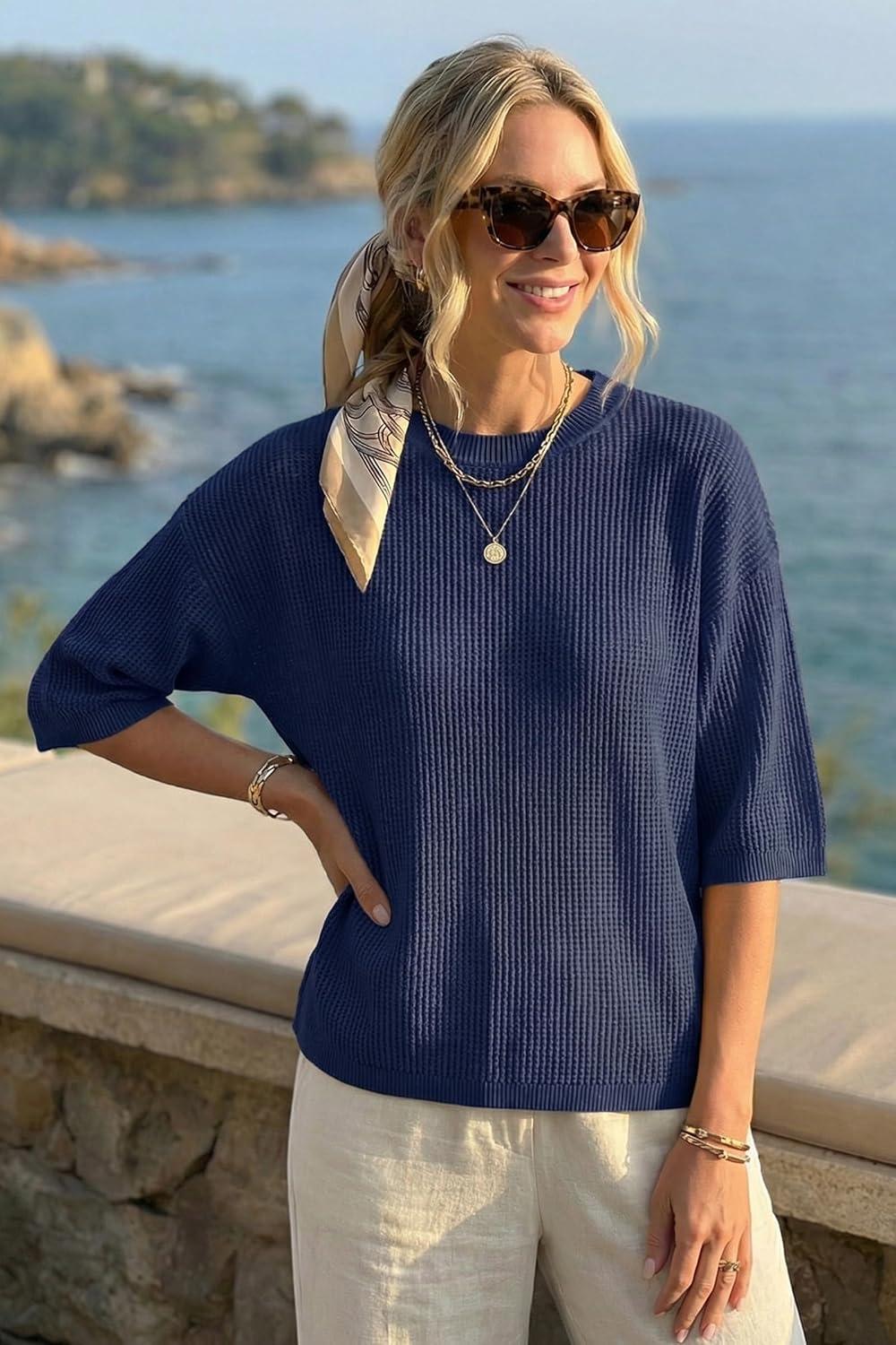 image:imageArachampCloz Womens Summer 100 Cotton 34 Length Sleeve Sweater Crochet Tops Hollow Out Vacation Casual Blouses 2026Navy