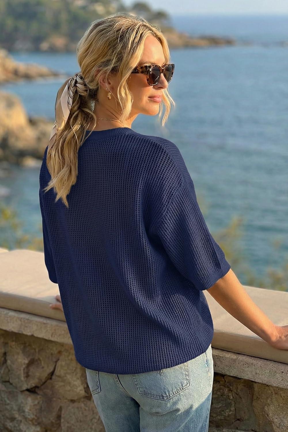image:imageArachampCloz Womens Summer 100 Cotton 34 Length Sleeve Sweater Crochet Tops Hollow Out Vacation Casual Blouses 2026Navy