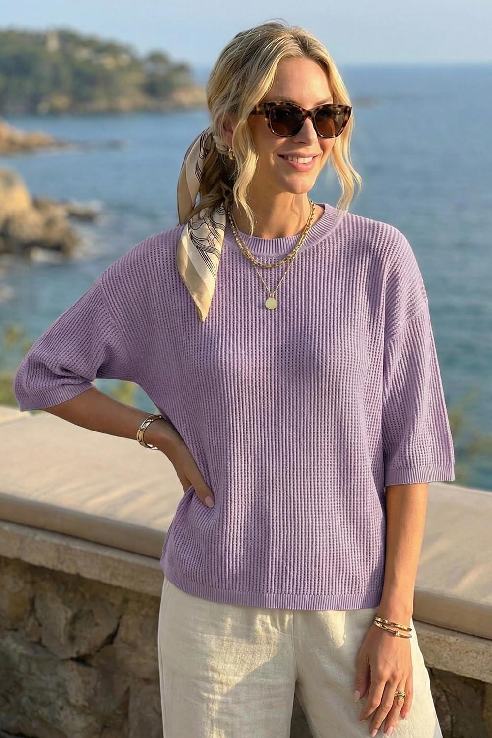 image:imageArachampCloz Womens Summer 100 Cotton 34 Length Sleeve Sweater Crochet Tops Hollow Out Vacation Casual Blouses 2026Purple