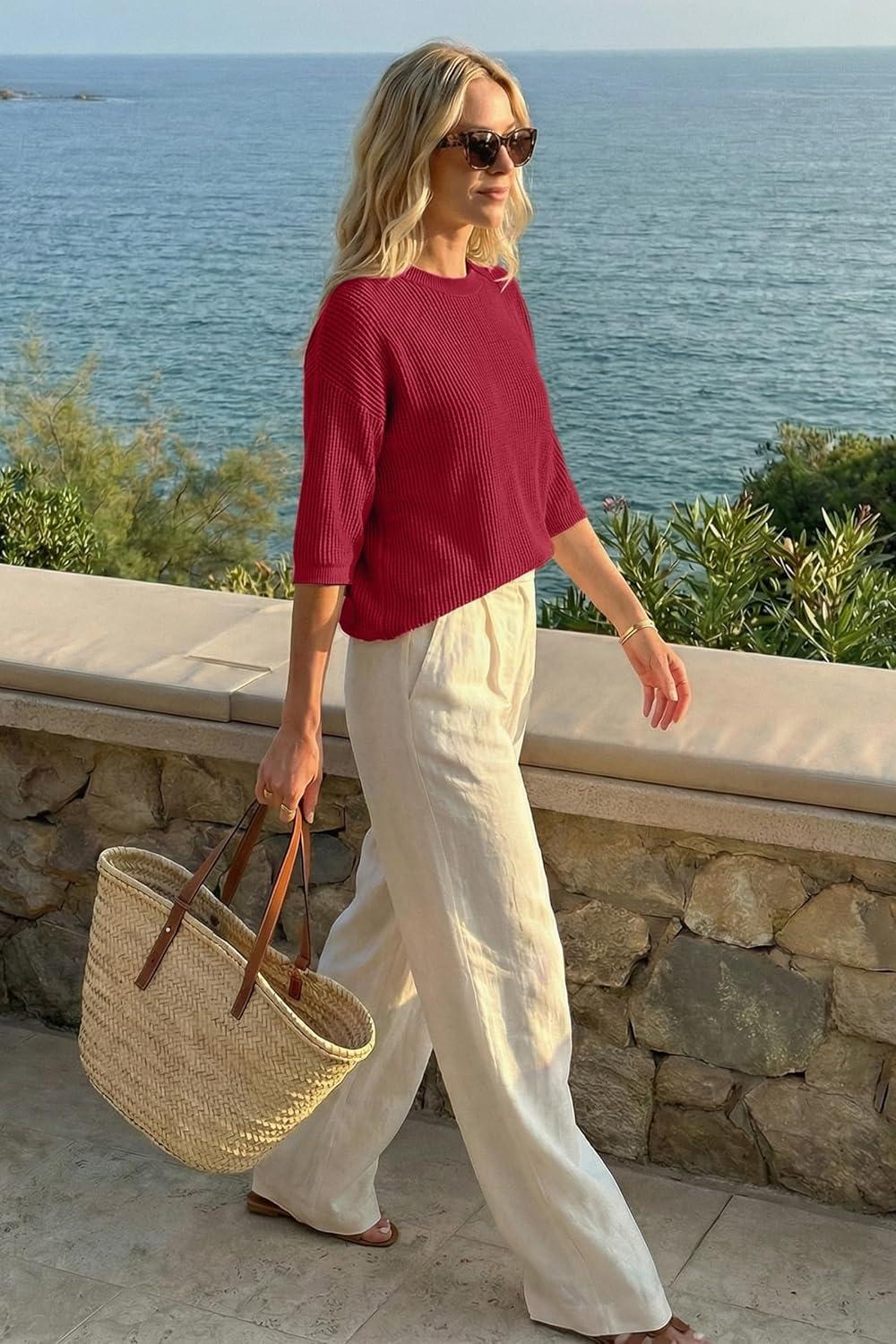 image:imageArachampCloz Womens Summer 100 Cotton 34 Length Sleeve Sweater Crochet Tops Hollow Out Vacation Casual Blouses 2026Red