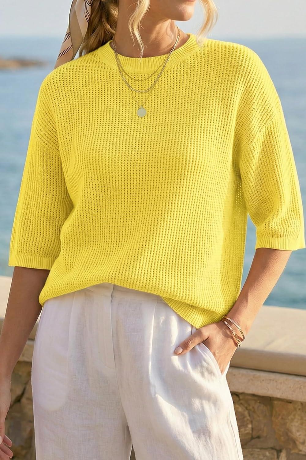 image:imageArachampCloz Womens Summer 100 Cotton 34 Length Sleeve Sweater Crochet Tops Hollow Out Vacation Casual Blouses 2026Yellow