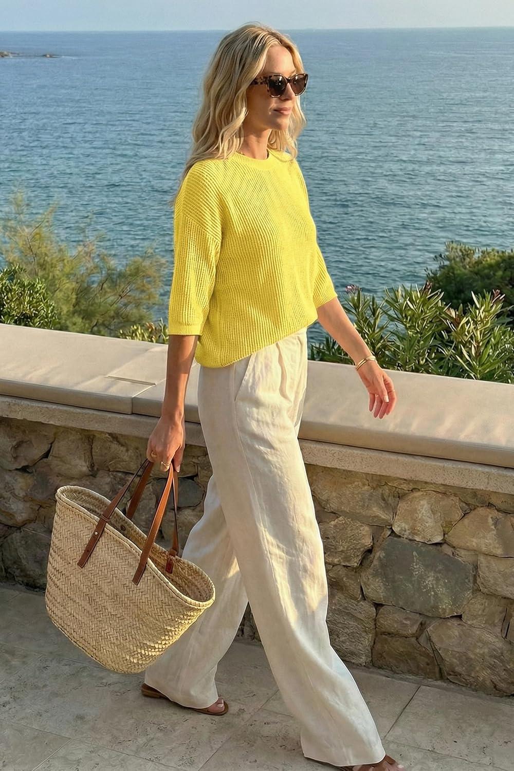 image:imageArachampCloz Womens Summer 100 Cotton 34 Length Sleeve Sweater Crochet Tops Hollow Out Vacation Casual Blouses 2026Yellow