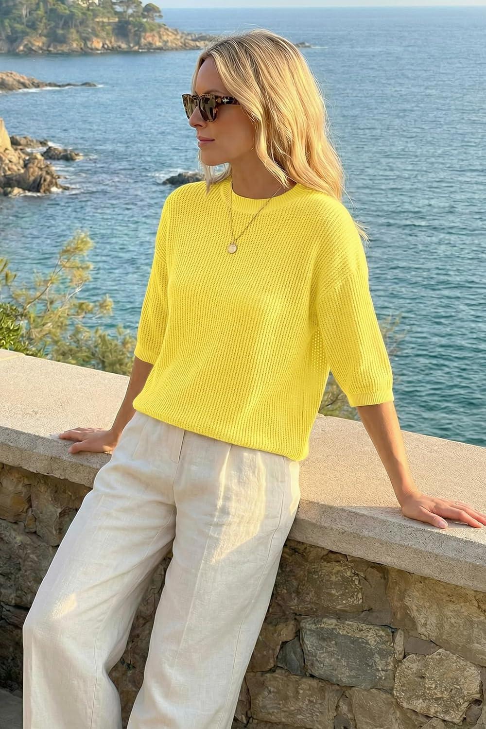 image:imageArachampCloz Womens Summer 100 Cotton 34 Length Sleeve Sweater Crochet Tops Hollow Out Vacation Casual Blouses 2026Yellow