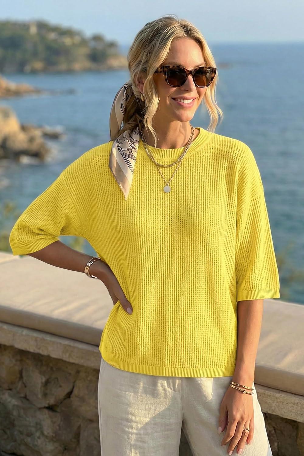image:imageArachampCloz Womens Summer 100 Cotton 34 Length Sleeve Sweater Crochet Tops Hollow Out Vacation Casual Blouses 2026Yellow