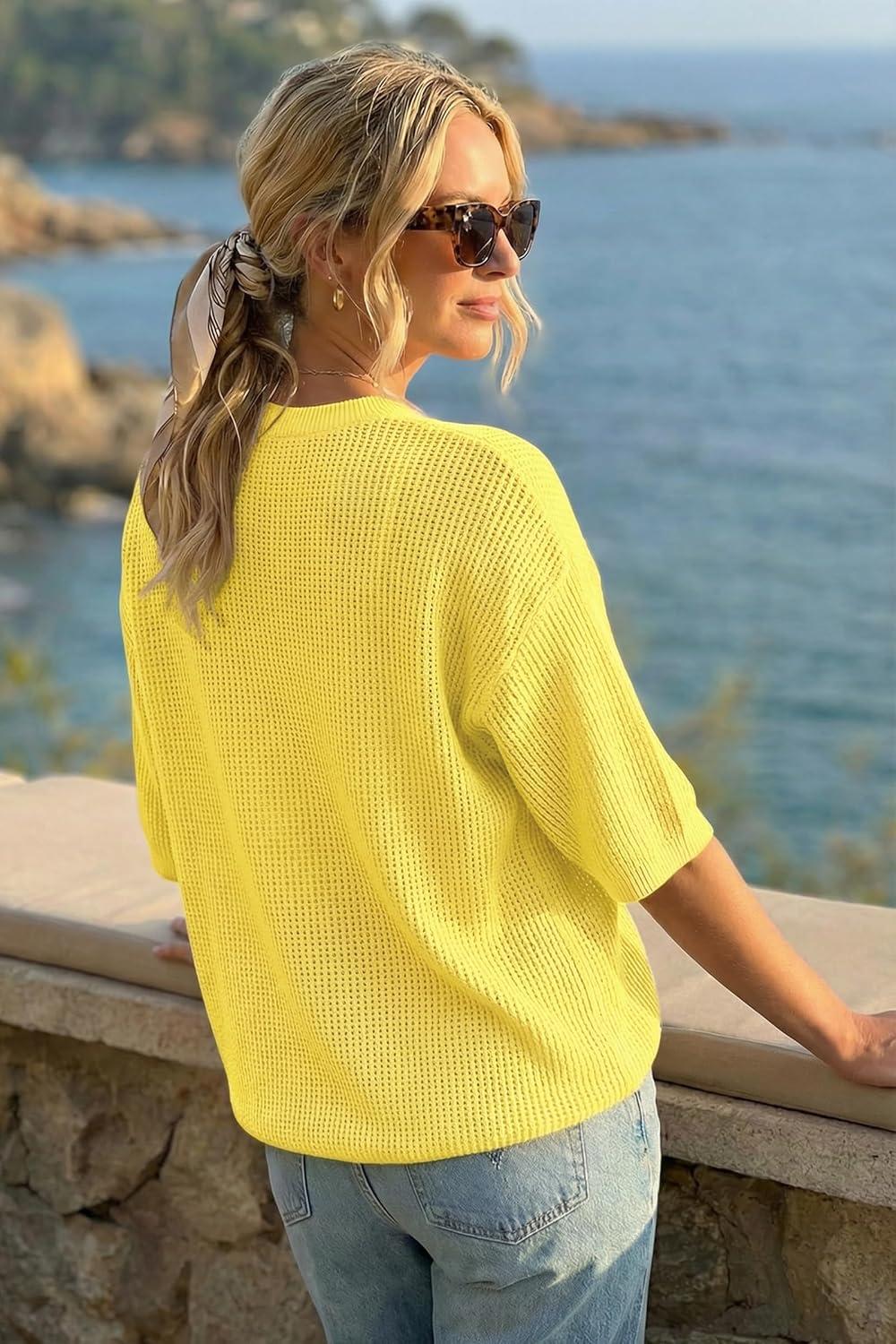 image:imageArachampCloz Womens Summer 100 Cotton 34 Length Sleeve Sweater Crochet Tops Hollow Out Vacation Casual Blouses 2026Yellow