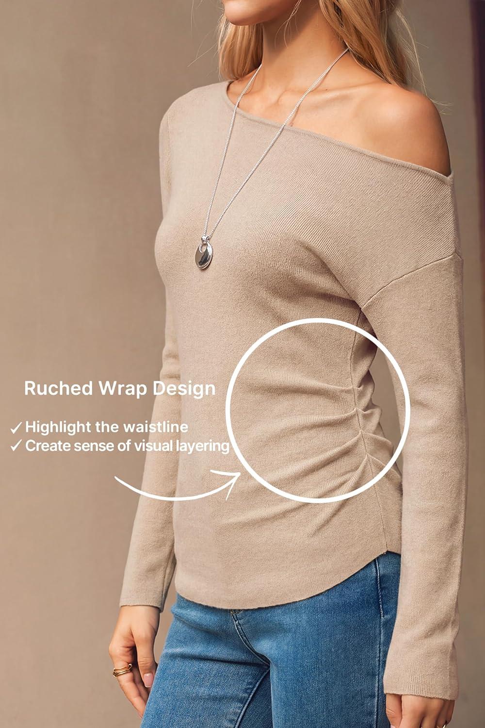 image:imageArachampCloz Womens Wool Blend Off The Shoulder Sweaters Ruched Slim Fit Date Top 2026Apricot